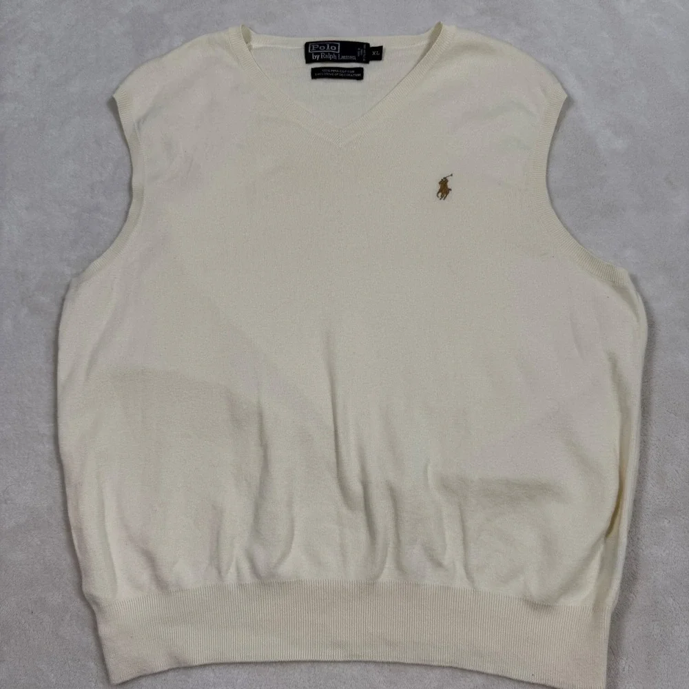 Polo Ralph Lauren Vintage Men V‎ Neck Sweater Vest Cream XL Pima Cotton Preppy